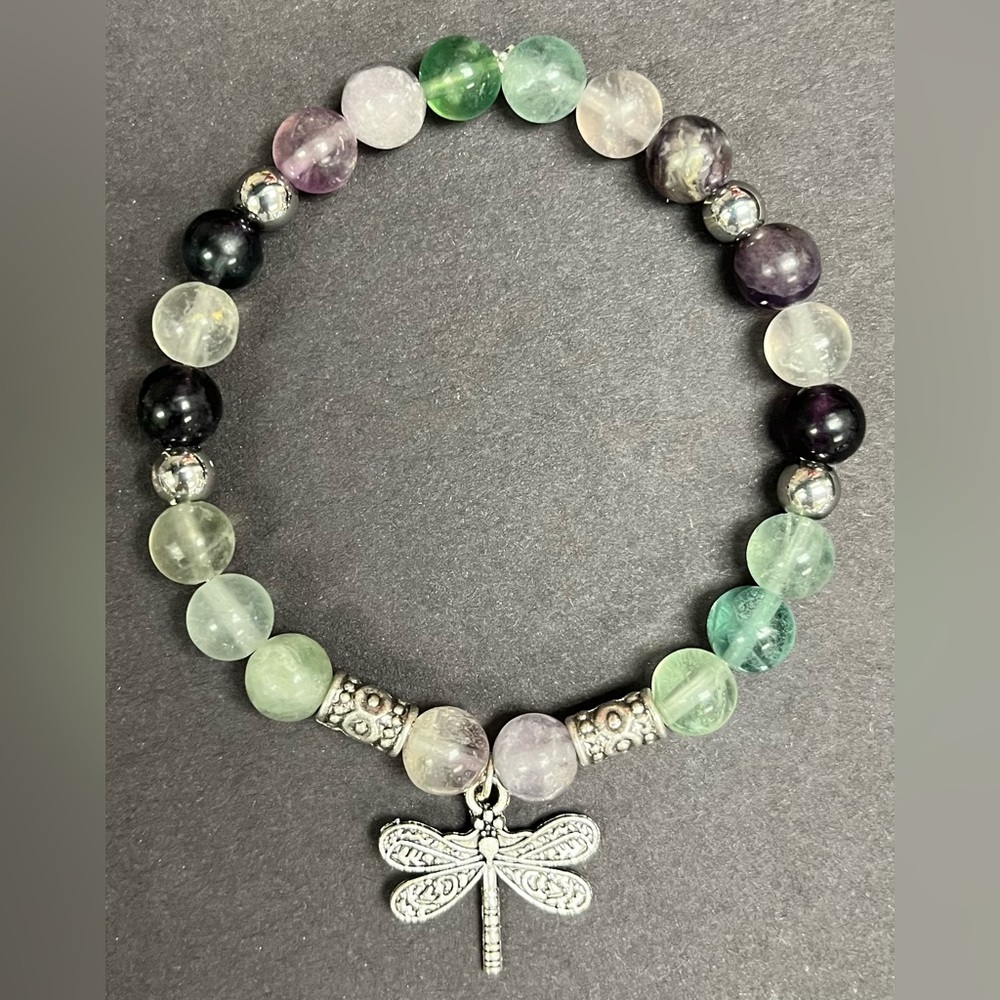 Rainbow Fluorite Crystal Beads & Dragonfly Charm Bracelet